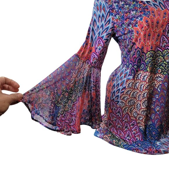 Bohemian Style Bell Sleeve Tunic Dress With Multicolor Peacock Feather Print - Picture 11 of 16